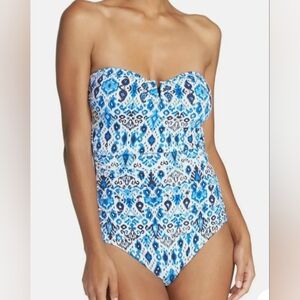 Tommy Bahama Women's Blue Ikat Strapless Bandeau One-Piece Swimsuit Size 10